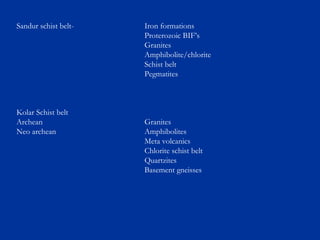 Sandur schist belt- Iron formations
Proterozoic BIF’s
Granites
Amphibolite/chlorite
Schist belt
Pegmatites
Kolar Schist belt
Archean Granites
Neo archean Amphibolites
Meta volcanics
Chlorite schist belt
Quartzites
Basement gneisses
 