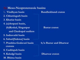 (b).(b).Meso-Neoproterozoic basins
11. Vindhyan basin Bundhekhand craton
2. Chhattisgarh basin
3. Khariar basin
4. (a)Ampani basin,
(b)Keskal, Singanpar Bastar craton
and Chedrapal outliers
5. Indravathi basin
6. Sabari[Sukma] basin
7. Pranhita-Godavari basin b/n Bastar and Dharwar
cratons
8. Cuddapah basin
9. Kaladgi basin Dharwar craton
10. Bhima basin
 