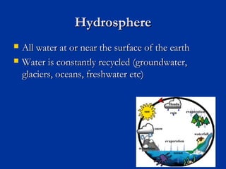 HydrosphereHydrosphere
 All water at or near the surface of the earthAll water at or near the surface of the earth
 Water is constantly recycled (groundwater,Water is constantly recycled (groundwater,
glaciers, oceans, freshwater etc)glaciers, oceans, freshwater etc)
 