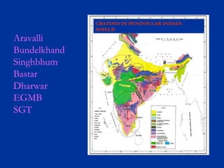 CRATONS IN PENINSULAR INDIAN
SHIELD
Aravalli
Bundelkhand
Singhbhum
Bastar
Dharwar
EGMB
SGT
 
