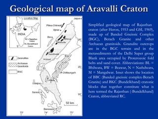 Geological map of Aravalli CratonGeological map of Aravalli Craton
Simplified geological map of Rajasthan
craton (after Heron, 1953 and GSI, 1969),
made up of Banded Gneissic Complex
(BGC), Berach Granite and other
Archaean granitoids. Granulite outcrops
are in the BGC terrain and in the
metasediments of the Delhi Super group
Blank area occupied by Proterozoic fold
belts and sand cover. Abbreviations: BL =
Bhilwara, BW = Beawar, N = Nathdwara,
M = Mangalwar. Inset shows the location
of BBC (Banded gneissic complex-Berach
Granite) and BKC (Bundelkhand) cratonic
blocks that together constitute what is
here termed the Rajasthan (-Bundelkhand)
Craton, abbreviated RC.
 