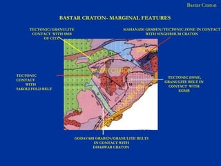 MAHANADI GRABEN/TECTONIC ZONE IN CONTACT
WITH SINGHBHUM CRATON
GODAVARI GRABEN/GRANULITE BELTS
IN CONTACT WITH
DHARWAR CRATON
TECTONIC ZONE,
GRANULITE BELT IN
CONTACT WITH
EGMB
TECTONIC/GRANULITE
CONTACT WITH SMB
OF CITZ
TECTONIC
CONTACT
WITH
SAKOLI FOLD BELT
C I T Z
SMB
SFB
BASTAR CRATON- MARGINAL FEATURES
Bastar Craton
 