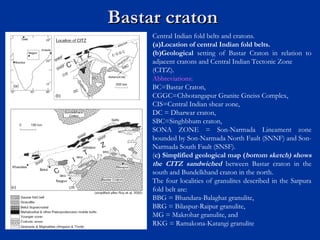 Bastar cratonBastar craton
Central Indian fold belts and cratons.
(a)Location of central Indian fold belts.
(b)Geological setting of Bastar Craton in relation to
adjacent cratons and Central Indian Tectonic Zone
(CITZ).
Abbreviations:
BC=Bastar Craton,
CGGC=Chhotangapur Granite Gneiss Complex,
CIS=Central Indian shear zone,
DC = Dharwar craton,
SBC=Singhbhum craton,
SONA ZONE = Son-Narmada Lineament zone
bounded by Son-Narmada North Fault (SNNF) and Son-
Narmada South Fault (SNSF).
(c) Simplified geological map (bottom sketch) shows
the CITZ sandwiched between Bastar craton in the
south and Bundelkhand craton in the north.
The four localities of granulites described in the Satpura
fold belt are:
BBG = Bhandara-Balaghat granulite,
BRG = Bilaspur-Raipur granulite,
MG = Makrohar granulite, and
RKG = Ramakona-Katangi granulite
 