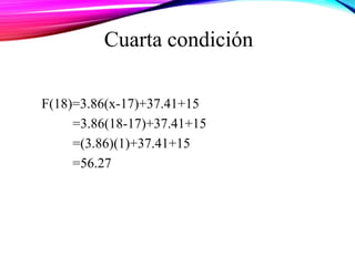 F(18)=3.86(x-17)+37.41+15
=3.86(18-17)+37.41+15
=(3.86)(1)+37.41+15
=56.27
Cuarta condición
 