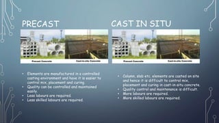 PRECAST CAST IN SITU
• Elements are manufactured in a controlled
casting environment and have it is easier to
control mix, placement and curing.
• Quality can be controlled and maintained
easily.
• Less labours are required.
• Less skilled labours are required.
• Column, slab etc. elements are casted on site
and hence it is difficult to control mix,
placement and curing in cast-in-situ concrete.
• Quality control and maintenance is difficult.
• More labours are required.
• More skilled labours are required.
 