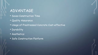 ADVANTAGE
• Saves Construction Time
• Quality Assurance
• Usage of Prestressed Concrete Cost-effective
• Durability
• Aesthetics
• Safe Construction Platform
 
