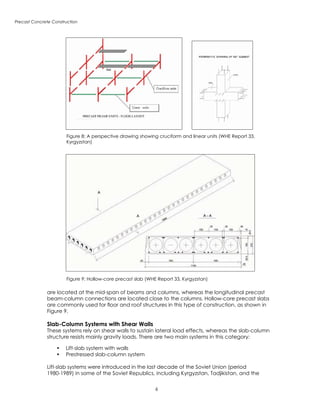 Precast Concrete Construction
are located at the mid-span of beams and columns, whereas the longitudinal precast
beam-column connections are located close to the columns. Hollow-core precast slabs
are commonly used for floor and roof structures in this type of construction, as shown in
Figure 9.
Slab-Column Systems with Shear Walls
These systems rely on shear walls to sustain lateral load effects, whereas the slab-column
structure resists mainly gravity loads. There are two main systems in this category:
•	 Lift-slab system with walls
•	 Prestressed slab-column system
Lift-slab systems were introduced in the last decade of the Soviet Union (period
1980-1989) in some of the Soviet Republics, including Kyrgyzstan, Tadjikistan, and the
Figure 8: A perspective drawing showing cruciform and linear units (WHE Report 33,
Kyrgyzstan)
Figure 9: Hollow-core precast slab (WHE Report 33, Kyrgyzstan)
 