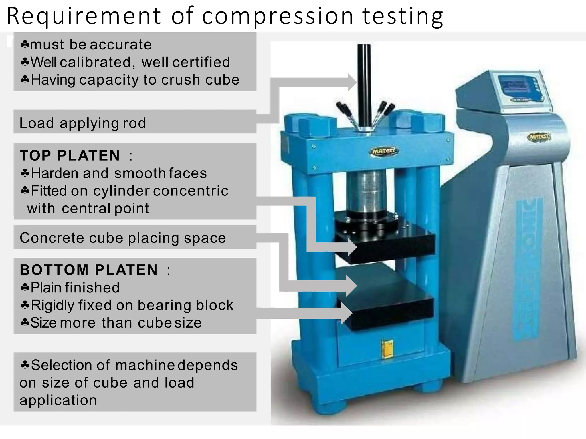Requirement of compression testing
15
machine
TOP PLATEN :
Harden and smooth faces
Fitted on cylinder concentric
with central point
must be accurate
Well calibrated, well certified
Having capacity to crush cube
Load applying rod
Concrete cube placing space
BOTTOM PLATEN :
Plain finished
Rigidly fixed on bearing block
Size more than cube size
Selection of machine depends
on size of cube and load
application
 
