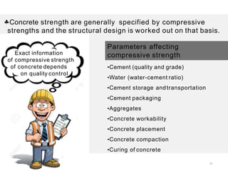 Age to strength relation – chemical compositions and fineness
Higher early strength
content of Tricalcium cilicate > Dicalcium cilicate
Finer ground cement > coarse ground cement
10
Concrete strength are generally specified by compressive
strengths and the structural design is worked out on that basis.
Exact information
of compressive strength
of concrete depends
on quality control
Parameters affecting
compressive strength
•Cement (quality and grade)
•Water (water-cement ratio)
•Cement storage andtransportation
•Cement packaging
•Aggregates
•Concrete workability
•Concrete placement
•Concrete compaction
•Curing of concrete
 