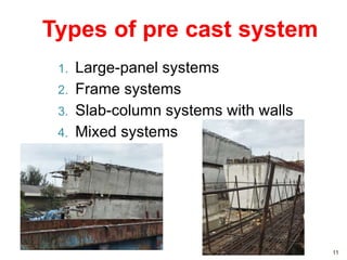 Types of pre cast system
1. Large-panel systems
2. Frame systems
3. Slab-column systems with walls
4. Mixed systems
11
 