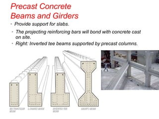 Precast Concrete
Beams and Girders
• Provide support for slabs.
• The projecting reinforcing bars will bond with concrete cast
on site.
• Right: Inverted tee beams supported by precast columns.
M
 