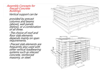 Assembly Concepts for
Precast Concrete
Buildings
Vertical support can be
provided by precast
columns and beams
(above), wall panels
(below), or a combination
of all three.
•The choice of roof and
floor slab elements
depends mainly on span
requirements.
•Precast slab elements are
frequently also used with
other vertical loadbearing
systems such as sitecast
concrete, reinforced
masonry, or steel.
ELEM
 