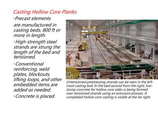 are manufactured in
casting beds, 800 ft or
more in length.
•High-strength steel
strands are strung the
length of the bed and
tensioned.
•Conventional
reinforcing, weld
plates, blockouts,
lifting loops, and other
embedded items are
added as needed.
•Concrete is placed.
Casting Hollow Core Planks
•Precast elements
Untensioned prestressing strands can be seen in the left-
most casting bed. In the bed second from the right, low-
slump concrete for hollow core slabs is being formed
over tensioned strands using an extrusion process. A
completed hollow core casting is visible at the far right.
 