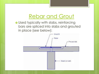 Rebar and Grout 
Used typically with slabs, reinforcing bars are spliced into slabs and grouted in place (see below):  