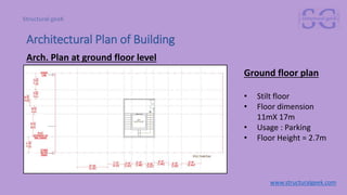 Architectural Plan of Building
Arch. Plan at ground floor level
Ground floor plan
• Stilt floor
• Floor dimension
11mX 17m
• Usage : Parking
• Floor Height = 2.7m
www.structuralgeek.com
 