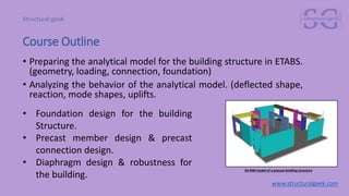 Course Outline
• Preparing the analytical model for the building structure in ETABS.
(geometry, loading, connection, foundation)
• Analyzing the behavior of the analytical model. (deflected shape,
reaction, mode shapes, uplifts.
www.structuralgeek.com
3D BIM model of a precast building structure
• Foundation design for the building
Structure.
• Precast member design & precast
connection design.
• Diaphragm design & robustness for
the building.
 