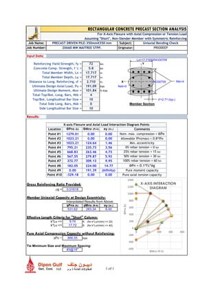 Job Name: Subject:
Job Number: Originator:
Input Data:
Lx=17.7165354330709
Reinforcing Yield Strength, fy = 72 ksi.
Concrete Comp. Strength, f 'c = 5.8 ksi
Total Member Width, Lx = 17.717 in.
Total Member Depth, Ly = 17.717 in.
Distance to Long. Reinforcing, d' = 2.710 in. Ly=17.7165354330709 Ntb=4
Ultimate Design Axial Load, Pu = 191.09 kips Nsb=0
Ultimate Design Moment, Mux = 101.84 ft-kips
Total Top/Bot. Long. Bars, Ntb = 4
Top/Bot. Longitudinal Bar Size = 10 d'=2.71 (typ.)
Total Side Long. Bars, Nsb = 0 Member Section
Side Longitudinal Bar Size = 10
Results:
X-axis Flexure and Axial Load Interaction Diagram Points
Location ΦPnx (k) ΦMnx (ft-k) ey (in.) Comments
Point #1 1279.01 0.00 0.00 Nom. max. compression = ΦPo
Point #2 1023.21 0.00 0.00 Allowable fPn(max) = 0.8*fPo
Point #3 1023.21 124.64 1.46 Min. eccentricity
Point #4 795.21 235.73 3.56 0% rebar tension = 0 ksi
Point #5 668.83 263.46 4.73 25% rebar tension = 15 ksi
Point #6 567.55 279.87 5.92 50% rebar tension = 30 ksi
Point #7 372.77 309.13 9.95 100% rebar tension = 60 ksi
Point #8 182.05 224.00 14.77 ΦPn = 0.1*f'c*Ag Inter
Point #9 0.00 191.39 (Infinity) Pure moment capacity
Point #10 -329.18 0.00 0.00 Pure axial tension capacity
Gross Reinforcing Ratio Provided:
rg = 0.01618
Member Uniaxial Capacity at Design Eccentricity:
Interpolated Results from Above:
fPnx (k) fMnx (ft-k) ey (in.)
531.62 283.34 6.40
Effective Length Criteria for "Short" Column:
k*Lu <= 9.74 ft. (for k*Lu/r(min) <= 22)
k*Lu <= 17.72 ft. (for k*Lu/r(min) <= 40)
Pure Axial Compression Capacity without Reinforcing:
fPn = 866.55 kips
Tie Minimum Size and Maximum Spacing:
#3@18''
RECTANGULAR CONCRETE PRECAST SECTION ANALYSIS
PRECAST DRIVEN PILE-350mmX350 mm
2X660 MW MAITREE STPP. PRIODEEP
Uniaxial Bending Check
For X-Axis Flexure with Axial Compression or Tension Load
Assuming "Short", Non-Slender Member with Symmetric Reinforcing
-600
-400
-200
0
200
400
600
800
1000
1200
1400
0 100 200 300 400
ΦPnx(k)
ΦMnx (ft-k)
X-AXIS INTERACTION
DIAGRAM
X
Y
1 of 1
 