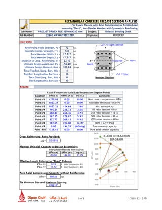 Job Name: Subject:
Job Number: Originator:
Input Data:
Lx=17.7165354330709
Reinforcing Yield Strength, fy = 72 ksi.
Concrete Comp. Strength, f 'c = 5.8 ksi
Total Member Width, Lx = 17.717 in.
Total Member Depth, Ly = 17.717 in.
Distance to Long. Reinforcing, d' = 2.710 in. Ly=17.7165354330709 Ntb=4
Ultimate Design Axial Load, Pu = -56.20 kips Nsb=0
Ultimate Design Moment, Mux = 101.84 ft-kips
Total Top/Bot. Long. Bars, Ntb = 4
Top/Bot. Longitudinal Bar Size = 10 d'=2.71 (typ.)
Total Side Long. Bars, Nsb = 0 Member Section
Side Longitudinal Bar Size = 10
Results:
X-axis Flexure and Axial Load Interaction Diagram Points
Location ΦPnx (k) ΦMnx (ft-k) ey (in.) Comments
Point #1 1279.01 0.00 0.00 Nom. max. compression = ΦPo
Point #2 1023.21 0.00 0.00 Allowable fPn(max) = 0.8*fPo
Point #3 1023.21 124.64 1.46 Min. eccentricity
Point #4 795.21 235.73 3.56 0% rebar tension = 0 ksi
Point #5 668.83 263.46 4.73 25% rebar tension = 15 ksi
Point #6 567.55 279.87 5.92 50% rebar tension = 30 ksi
Point #7 372.77 309.13 9.95 100% rebar tension = 60 ksi
Point #8 182.05 224.00 14.77 ΦPn = 0.1*f'c*Ag Inter
Point #9 0.00 191.39 (Infinity) Pure moment capacity
Point #10 -329.18 0.00 0.00 Pure axial tension capacity
Gross Reinforcing Ratio Provided:
rg = 0.01618
Member Uniaxial Capacity at Design Eccentricity:
Interpolated Results from Above:
fPnx (k) fMnx (ft-k) ey (in.)
-79.96 144.90 21.74
Effective Length Criteria for "Short" Column:
k*Lu <= 9.74 ft. (for k*Lu/r(min) <= 22)
k*Lu <= 17.72 ft. (for k*Lu/r(min) <= 40)
Pure Axial Compression Capacity without Reinforcing:
fPn = 866.55 kips
Tie Minimum Size and Maximum Spacing:
#3@18''
RECTANGULAR CONCRETE PRECAST SECTION ANALYSIS
PRECAST DRIVEN PILE-350mmX350 mm Uniaxial Bending Check
2X660 MW MAITREE STPP. PRIODEEP
For X-Axis Flexure with Axial Compression or Tension Load
Assuming "Short", Non-Slender Member with Symmetric Reinforcing
-600
-400
-200
0
200
400
600
800
1000
1200
1400
0 100 200 300 400
ΦPnx(k)
ΦMnx (ft-k)
X-AXIS INTERACTION
DIAGRAM
X
Y
1 of 1 1/1/2018 12:12 PM
 