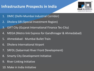 Infrastructure Prospects in India
1. DMIC (Delhi-Mumbai Industrial Corridor)
2. Dholera SIR (Special Investment Region)
3. GIFT City (Gujarat International Finance Tec-City)
4. MEGA (Metro link Express for Gandhinagar & Ahmedabad)
5. Ahmedabad - Mumbai Bullet Train
6. Dholera International Airport
7. SRFDL (Sabarmati River Front Development)
8. Smarty City Development Initiative
9. River Linking Initiative
10. Make in India Initiative
 