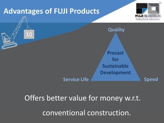 Offers better value for money w.r.t.
conventional construction.
Advantages of FUJI Products
Quality
Service Life Speed
Precast
for
Sustainable
Development
 