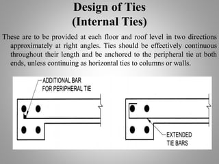 Design of Ties
(Internal Ties)
These are to be provided at each floor and roof level in two directions
approximately at right angles. Ties should be effectively continuous
throughout their length and be anchored to the peripheral tie at both
ends, unless continuing as horizontal ties to columns or walls.
 