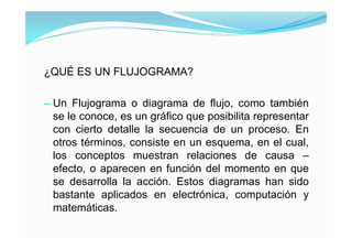 ¿QUÉ ES UN FLUJOGRAMA?

— Un Flujograma o diagrama de flujo, como también
  se le conoce, es un gráfico que posibilita representar
  con cierto detalle la secuencia de un proceso. En
  otros términos, consiste en un esquema, en el cual,
  los conceptos muestran relaciones de causa –
  efecto, o aparecen en función del momento en que
  se desarrolla la acción. Estos diagramas han sido
  bastante aplicados en electrónica, computación y
  matemáticas.
 