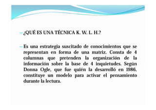 — ¿QUÉ ES UNA TÉCNICA K. W. L. H.?


— Es una estrategia suscitado de conocimientos que se
  representan en forma de una matriz. Consta de 4
  columnas que pretenden la organización de la
  información sobre la base de 4 inquietudes. Según
  Donna Ogle, que fue quién la desarrolló en 1986,
  constituye un modelo para activar el pensamiento
  durante la lectura.
 