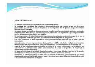 —   ¿CÓMO SE CONSTRUYE?

—   A continuación se describe, el diseño de este organizador gráfico:
—   Se empieza por considerar los objetos o acontecimientos por cuánto serían los elementos
    primordiales a partir de los cuales se genera la investigación. En el ejemplo propuesto sería la
    observación microscópica.
—   Al mismo tiempo se considerar los conceptos relacionados con el acontecimiento u objetos, motivo de
    la investigación. Anotamos los conceptos que sean pertinentes a la experiencia y que tengan relación
    con los acontecimientos u objetos investigados.
—   En todo proceso sea de solución de problemas como de investigación, es importante partir de una o
    varias preguntas centrales que serán los cuestionamientos que guíen las búsquedas.
—   Con estos elementos, se debería presentar, los registros que serían los datos que se tiene o que ha
    encontrado.
—   A continuación se busca representar mediante matrices o tablas, e inclusive cualquiera de los otros
    organizadores descritos en este libro, las transformaciones o el procesamiento de la información.
—   A partir de las transformaciones realizadas así como de la teoría investigada, se establecerá las
    conclusiones o afirmaciones sobre conocimientos. Es decir, se responde a la inquietud o
    inquietudes centrales planteadas.
—   En la parte izquierda se desarrolla la dimensión teórica o conceptual del diagrama. Para su desarrollo
    es útil buscar en libros, revistas, consultas a expertos, Internet, entre otras fuentes.
—   Finalmente, al lado superior derecho, en la zona de práctica, se ubican los juicios de valor, que serían
    cuestionamientos en relación a lo bueno o malo, correcto, e interesante del acontecimiento, concepto
    a las conclusiones a las que se ha llegado.
 