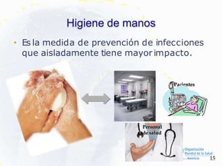 • Es la medida de prevención de infecciones
que aisladamente tiene mayor impacto.
Higiene de manos
Ambiente
hospitalario y
equipos Pacientes
Personal
de salud
15
 
