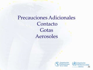 Precauciones Adicionales
Contacto
Gotas
Aerosoles
31
 
