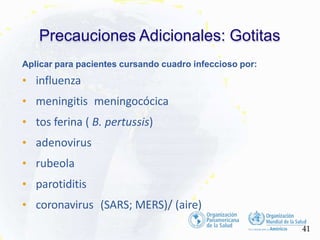 Aplicar para pacientes cursando cuadro infeccioso por:
• influenza
• meningitis meningocócica
• tos ferina ( B. pertussis)
• adenovirus
• rubeola
• parotiditis
• coronavirus (SARS; MERS)/ (aire)
Precauciones Adicionales: Gotitas
41
 