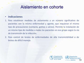 Aislamiento en cohorte
53
• Indicaciones
1. Para establecer medidas de aislamiento a un número significativo de
pacientes con la misma enfermedad y agente, que requieran el mismo
tipo de precauciones (contacto, gotitas o aéreo). Permite la instalación de
un mismo tipo de medidas a todos los pacientes en ese grupo según la vía
de transmisión de la infección.
2. Para control de brotes de enfermedades de alta transmisibilidad o de
brotes de difícil manejo.
 