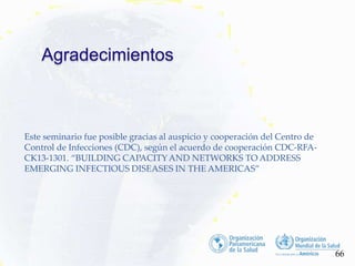Este seminario fue posible gracias al auspicio y cooperación del Centro de
Control de Infecciones (CDC), según el acuerdo de cooperación CDC-RFA-
CK13-1301. “BUILDING CAPACITYAND NETWORKS TO ADDRESS
EMERGING INFECTIOUS DISEASES IN THE AMERICAS”
Agradecimientos
66
 