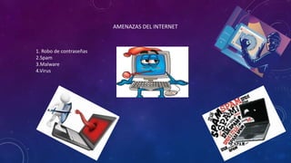 AMENAZAS DEL INTERNET
1. Robo de contraseñas
2.Spam
3.Malware
4.Virus
 