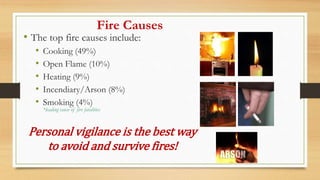 Fire Causes
• The top fire causes include:
• Cooking (49%)
• Open Flame (10%)
• Heating (9%)
• Incendiary/Arson (8%)
• Smoking (4%)
*leading cause of fire fatalities
Personal vigilance is the best way
to avoid and survive fires!
 