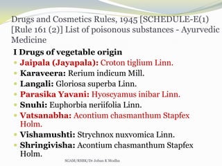 Drugs and Cosmetics Rules, 1945 [SCHEDULE-E(1)
[Rule 161 (2)] List of poisonous substances - Ayurvedic
Medicine
II Drugs o...
