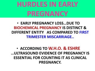 HURDLES IN EARLY
PREGNANCY
• EARLY PREGNANCY LOSS…DUE TO
BIOCHEMICAL PREGNANCY IS DISTINCT &
DIFFERENT ENTITY AS COMPARED ...
