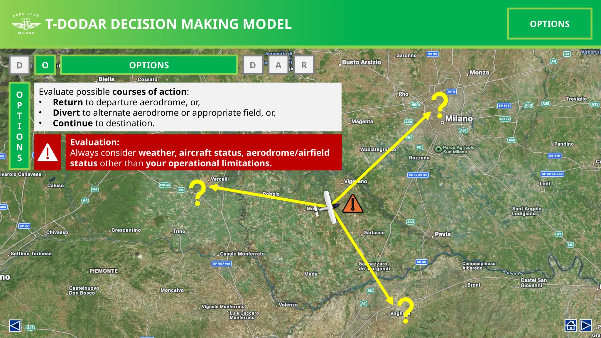 T-DODAR DECISION MAKING MODEL OPTIONS
O
P
T
I
O
N
S
D O D A R
OPTIONS
Evaluate possible courses of action:
• Return to departure aerodrome, or,
• Divert to alternate aerodrome or appropriate field, or,
• Continue to destination.
Evaluation:
Always consider weather, aircraft status, aerodrome/airfield
status other than your operational limitations.
 