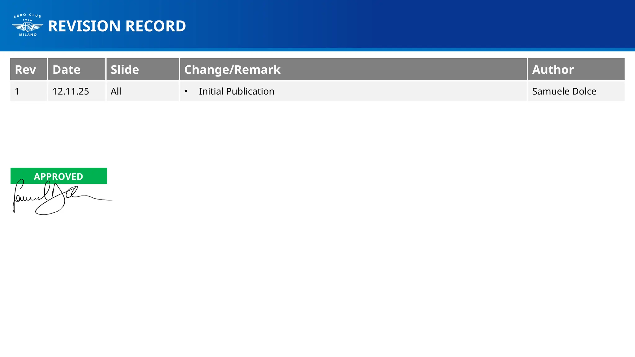 REVISION RECORD
Rev Date Slide Change/Remark Author
1 12.11.25 All • Initial Publication Samuele Dolce
APPROVED
 