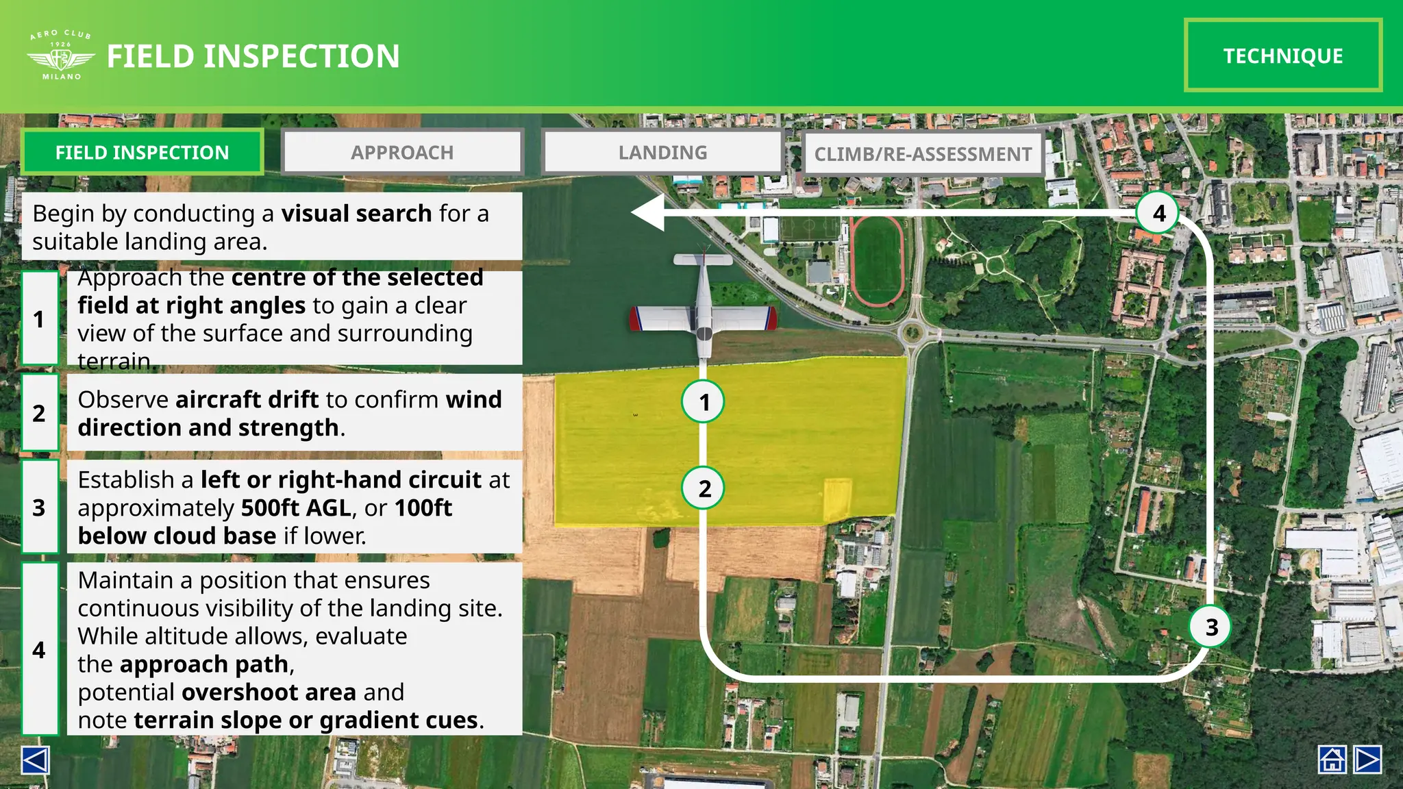Begin by conducting a visual search for a
suitable landing area.
FIELD INSPECTION TECHNIQUE
FIELD INSPECTION APPROACH LANDING
Approach the centre of the selected
field at right angles to gain a clear
view of the surface and surrounding
terrain.
1
1
Observe aircraft drift to confirm wind
direction and strength.
2
Establish a left or right-hand circuit at
approximately 500ft AGL, or 100ft
below cloud base if lower.
3
2
3
Maintain a position that ensures
continuous visibility of the landing site.
While altitude allows, evaluate
the approach path,
potential overshoot area and
note terrain slope or gradient cues.
4
4
CLIMB/RE-ASSESSMENT
 