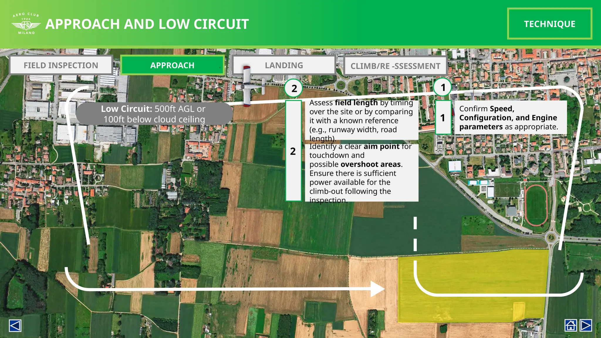 APPROACH AND LOW CIRCUIT TECHNIQUE
FIELD INSPECTION APPROACH LANDING
Confirm Speed,
Configuration, and Engine
parameters as appropriate.
1
1
2
Assess field length by timing
over the site or by comparing
it with a known reference
(e.g., runway width, road
length).
2
Identify a clear aim point for
touchdown and
possible overshoot areas.
Ensure there is sufficient
power available for the
climb-out following the
inspection.
Low Circuit: 500ft AGL or
100ft below cloud ceiling
CLIMB/RE -SSESSMENT
 