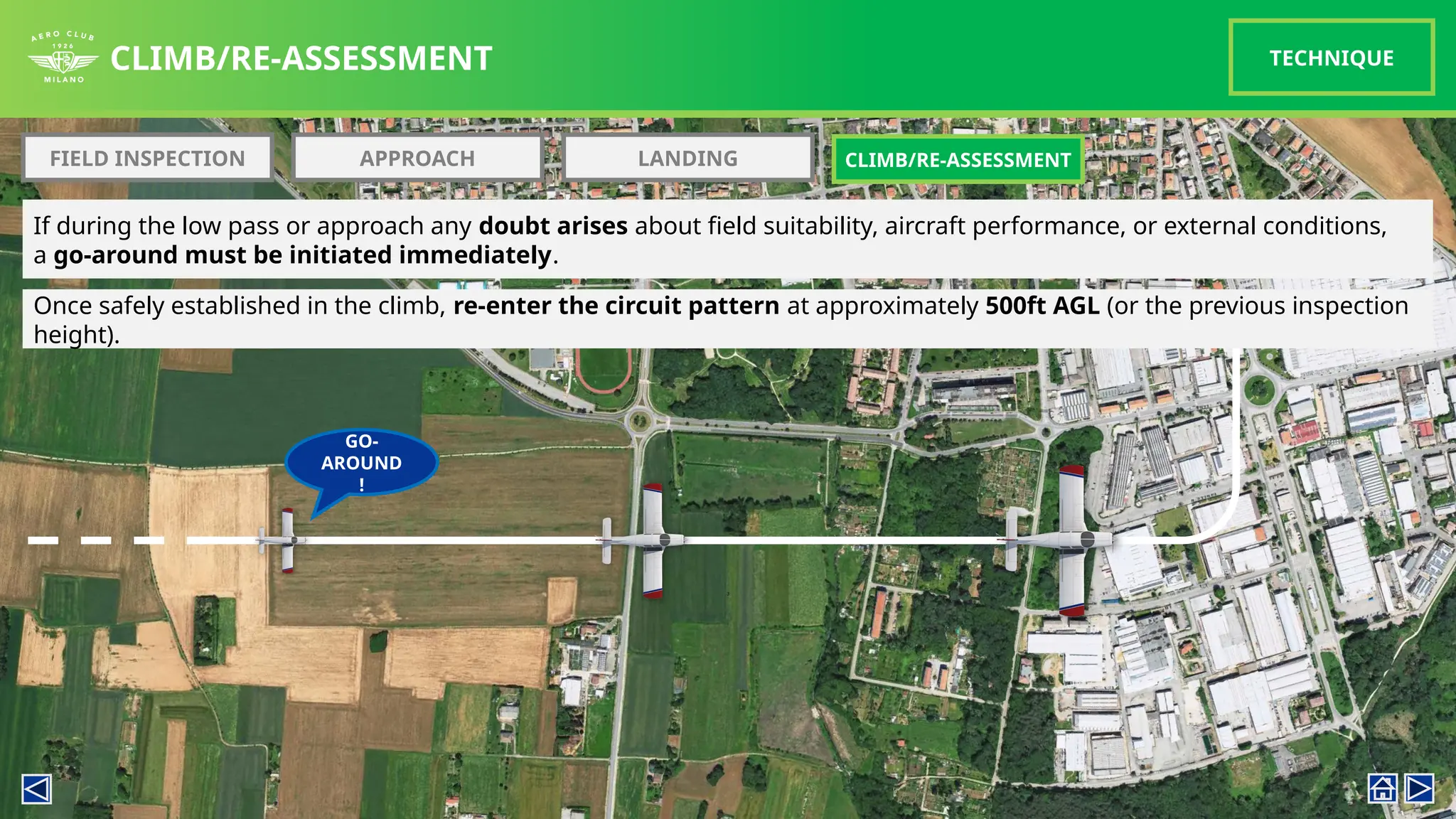If during the low pass or approach any doubt arises about field suitability, aircraft performance, or external conditions,
a go-around must be initiated immediately.
CLIMB/RE-ASSESSMENT TECHNIQUE
FIELD INSPECTION APPROACH LANDING CLIMB/RE-ASSESSMENT
Once safely established in the climb, re-enter the circuit pattern at approximately 500ft AGL (or the previous inspection
height).
GO-
AROUND
!
 