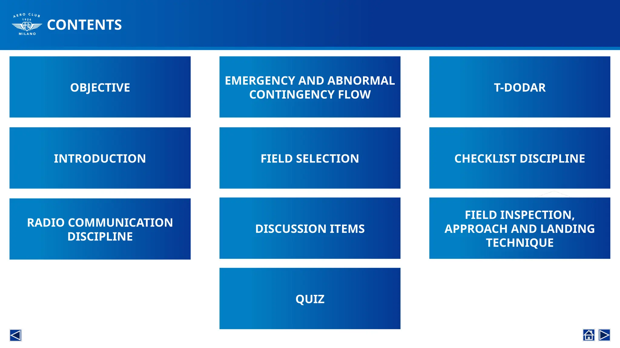 CONTENTS
OBJECTIVE
INTRODUCTION
EMERGENCY AND ABNORMAL
CONTINGENCY FLOW
FIELD SELECTION
RADIO COMMUNICATION
DISCIPLINE
T-DODAR
CHECKLIST DISCIPLINE
DISCUSSION ITEMS
FIELD INSPECTION,
APPROACH AND LANDING
TECHNIQUE
QUIZ
 