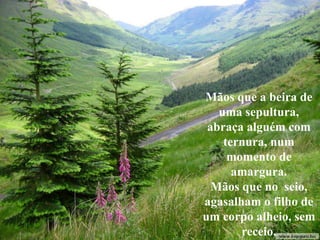 Mãos que a beira de
   uma sepultura,
 abraça alguém com
    ternura, num
     momento de
      amargura.
  Mãos que no seio,
agasalham o filho de
um corpo alheio, sem
       receio.
 