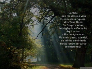 Senhor, que me deste a vida E, com ela, a riqueza  dos Teus Dons De Corpo e Alma, Inteligência e Coração, Aqui estou  a fim de agradecer Mais um passo que dei, na minha caminhada Deste longo percurso de existência.  