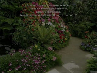 Que será que o futuro me reserva, Atrás da fímbria do horizonte, Sempre misterioso, Mesmo quando está envolto em luz e cor...? 