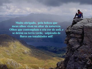 Muito obrigado,  pela beleza que meus olhos vêem no altar da natureza. Olhos que contemplam o céu cor de anil, e se detém na terra verde,  salpicada de flores em tonalidades mil! 