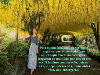 Pela minha faculdade de ver, pelos cegos eu quero interceder, por aqueles que vivem na escuridão e tropeçam na multidão, por eles eu oro e a Ti imploro comiseração, pois eu  sei que depois dessa lida, numa outra vida, eles  enxergarão!  