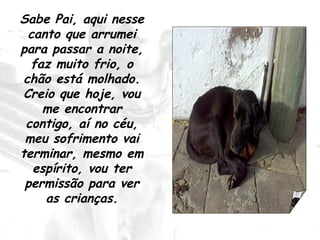 Sabe Pai, aqui nesse canto que arrumei para passar a noite, faz muito frio, o chão está molhado. Creio que hoje, vou me encontrar contigo, aí no céu, meu sofrimento vai terminar, mesmo em espírito, vou ter permissão para ver as crianças. 