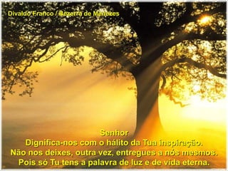 Divaldo Franco / Bezerra de Menezes
Senhor
Dignifica-nos com o hálito da Tua inspiração.
Não nos deixes, outra vez, entregues a nós mesmos.
Pois só Tu tens a palavra de luz e de vida eterna.
 